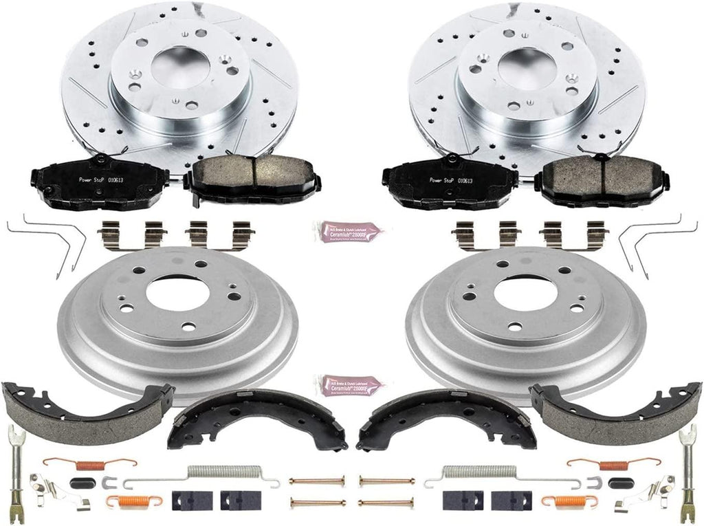 K15242DK Front and Rear Z23 Carbon Fiber Brake Pads with Drilled & Slotted Brake Drums Kit