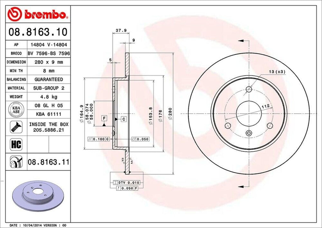 Brembo Front Disc Brake Rotor for 05-07 Fortwo (08.8163.11)