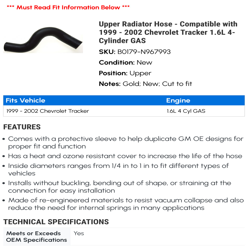 Upper Radiator Hose - Compatible with 1999 - 2002 Chevy Tracker 1.6L 4-Cylinder GAS 2000 2001