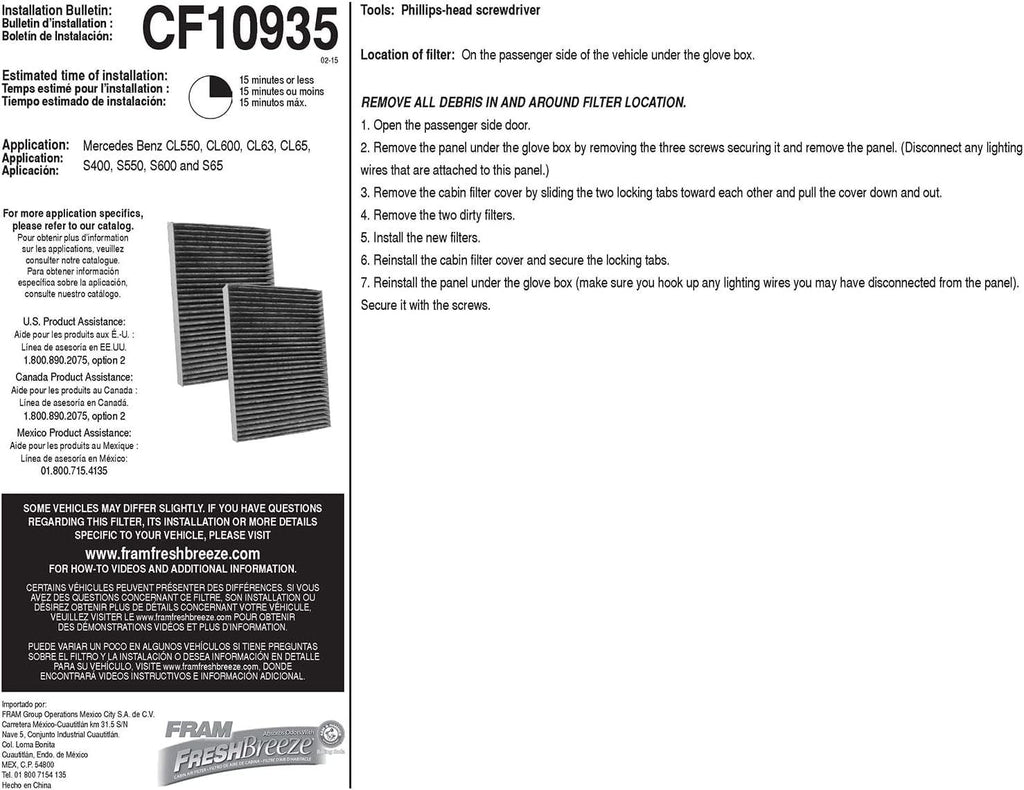 Fresh Breeze Cabin Air Filter Replacement for Car Passenger Compartment W/ Arm and Hammer Baking Soda, Easy Install, CF10935 for Select Mercedes-Benz Vehicles , White
