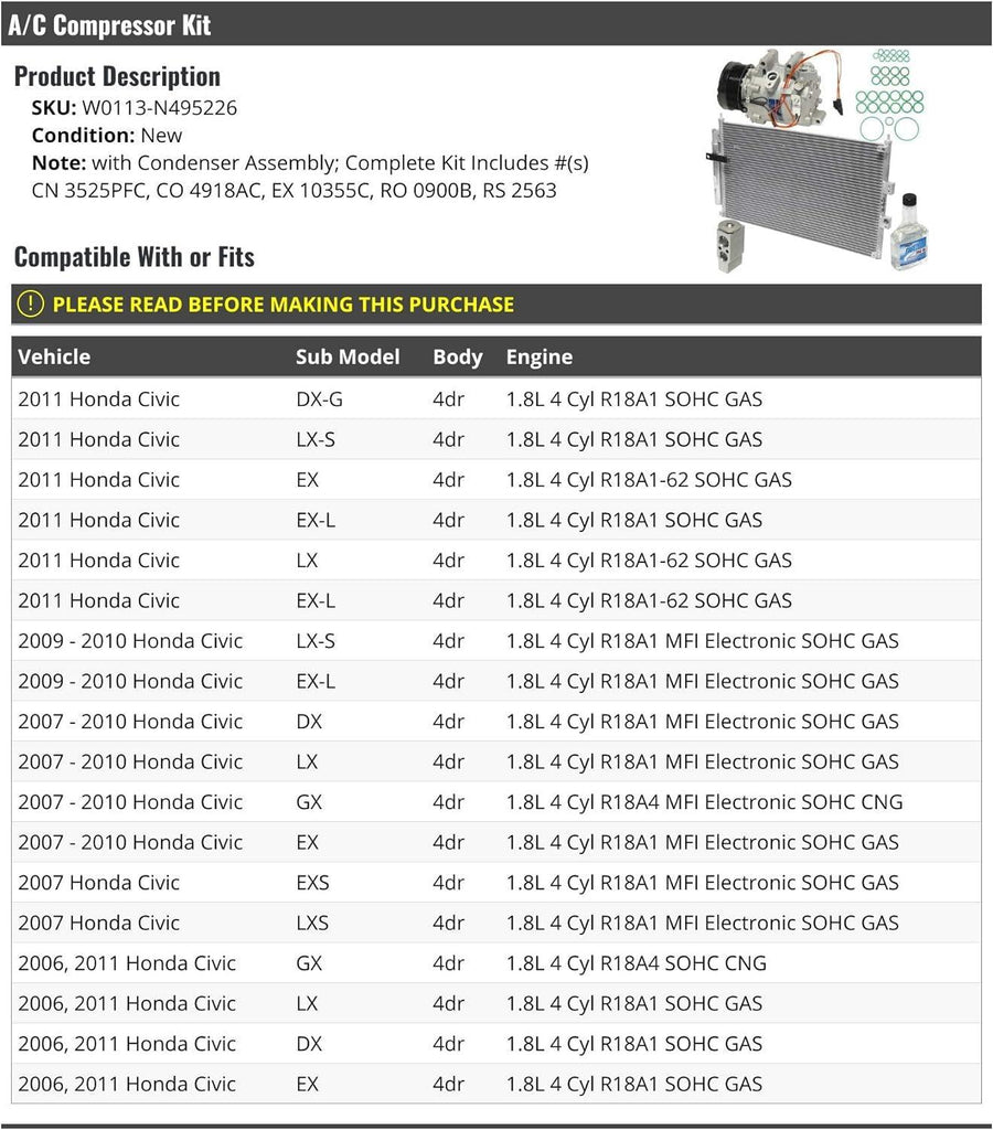 A/C Compressor Kit with AC Condenser Assembly - Compatible with 2006-2011 Honda Civic 4-Door