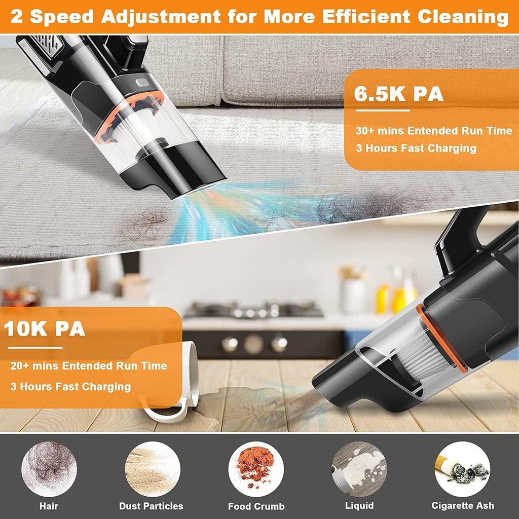 Handheld Vacuum Car Vacuum - 2 Speed Mini Vacuum Hand Vacuum, 10000Pa Pet Hair Vacuum Cleaner, Lightweight and Rechargeable Car Vacuum Hand Held Vacuum Cordless for Car Home Office-Black