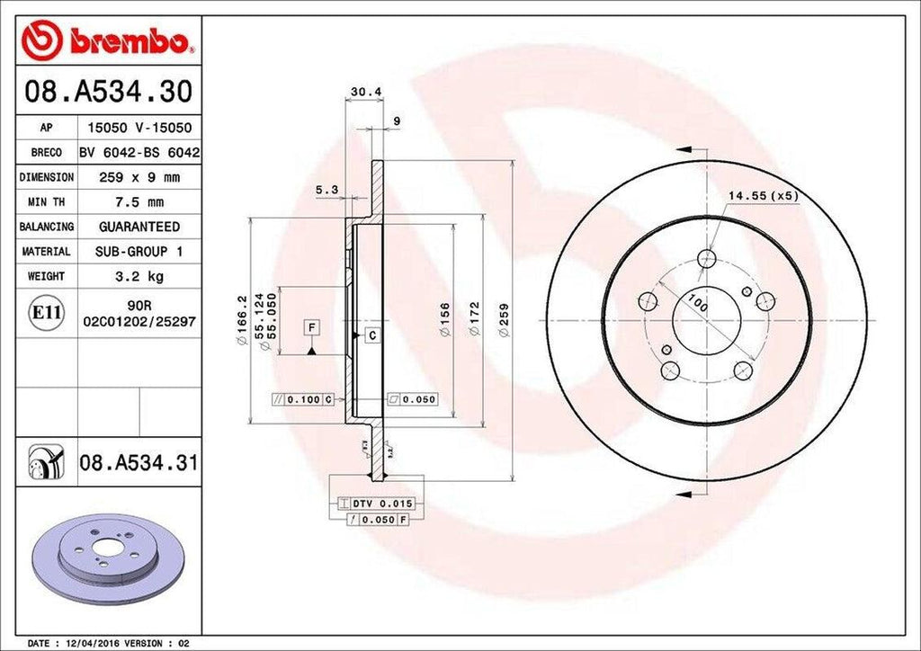 Rear Disc Brake Rotor for Prius, Prius Awd-E, Prius Prime+More (08.A534.31)