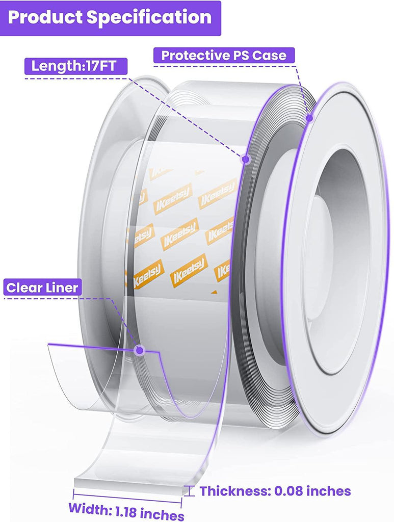 Double Sided Mounting Tape Removable 1.18" X 198”, Clear & Tough Nano Double Sided Tape Heavy Duty, Multipurpose Tape Picture Hanging Strip Adhesive Poster Carpet Tape