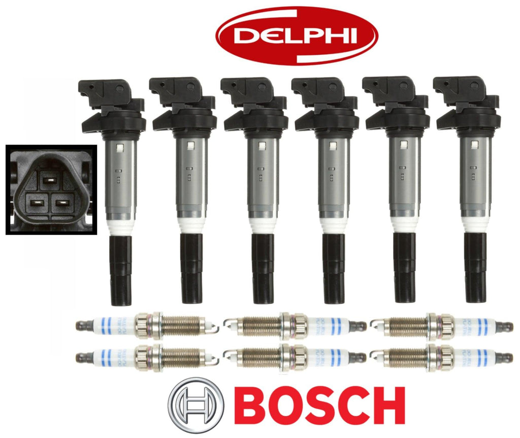 OEM Ignition Coil Delphi + Spark Plug Double Platinum Bosch (6Sets) for BMW Gas