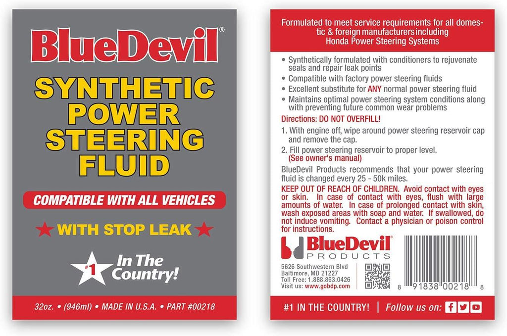 Blue Devil 00218 Synthetic Power Steering Fluid with Stop Leak - 32 Ounce