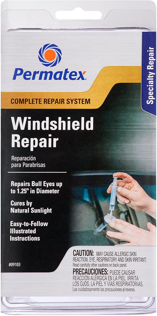 Permatex 09103 Automotive Windshield Repair Kit for Chipped and Cracked Windshields. Permanent Air-Tight Repairs, with Repair Syringe & Plunger, 9-Piece Kit