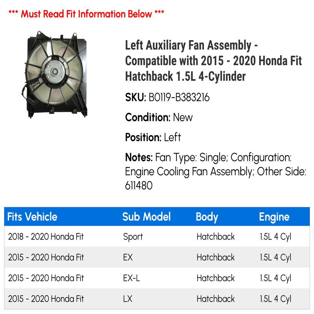 Left Auxiliary Fan Assembly - Compatible with 2015 - 2020 Honda Fit Hatchback 1.5L 4-Cylinder 2016 2017 2018 2019