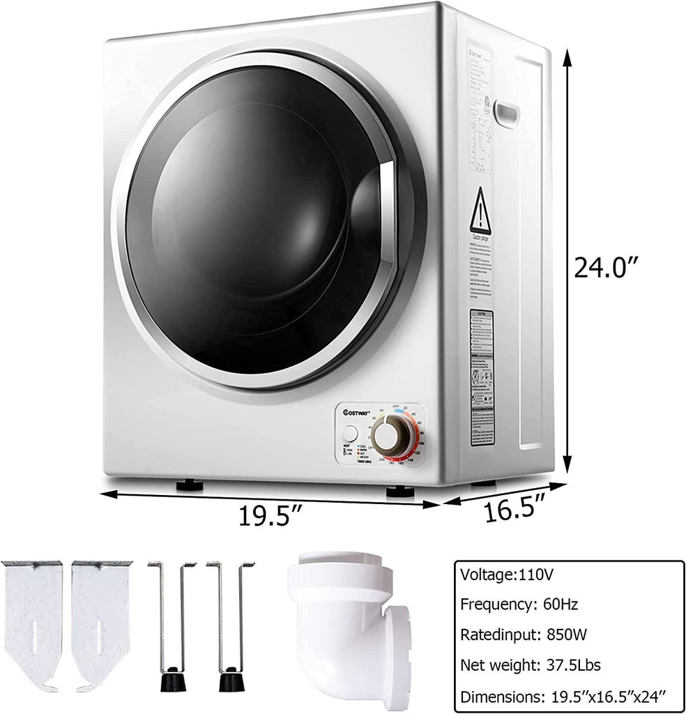 COSTWAY Compact Laundry Dryer, 110V Electric Portable Clothes Dryer with Stainless Steel Tub, Control Panel Downside Easy Control for 4 Automatic Drying Mode, White
