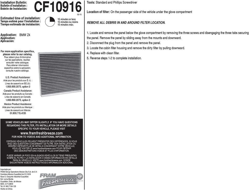 Fresh Breeze Cabin Air Filter Replacement for Car Passenger Compartment W/ Arm and Hammer Baking Soda, Easy Install, CF10916 for Select BMW Vehicles