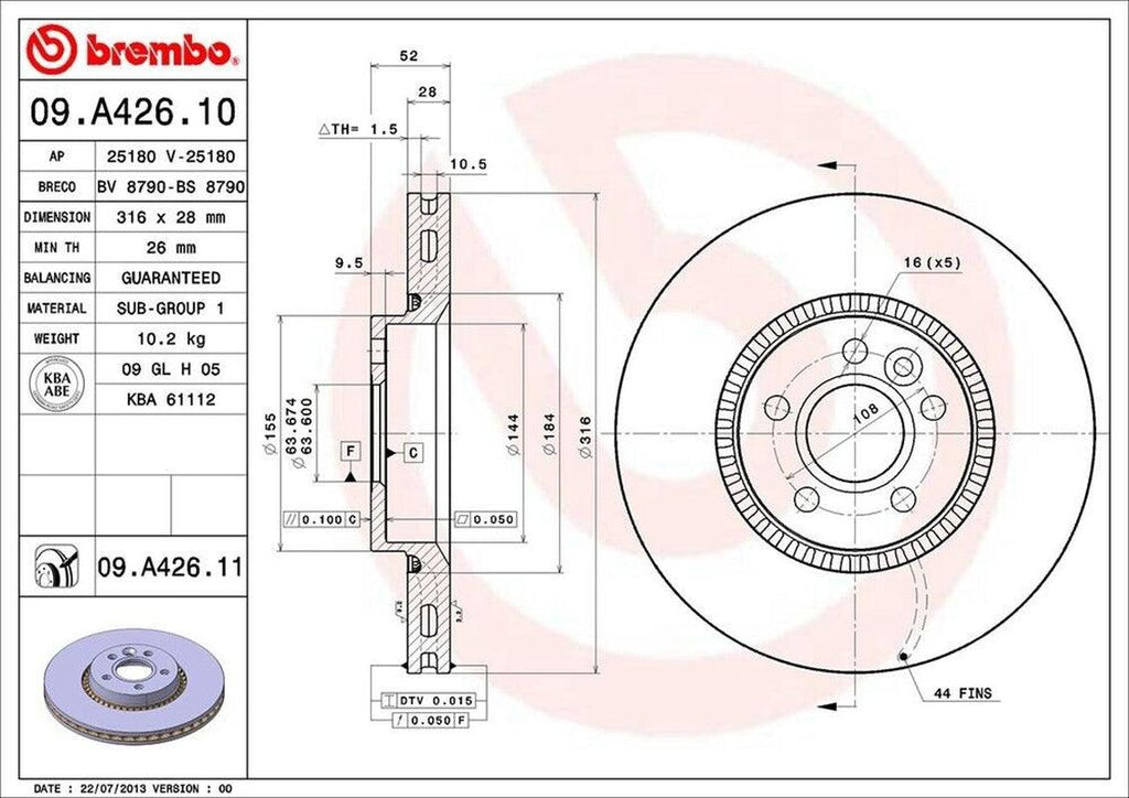 Brembo Front Disc Brake Rotor for LR2, S60, S80, XC70, V70 (09.A426.11)