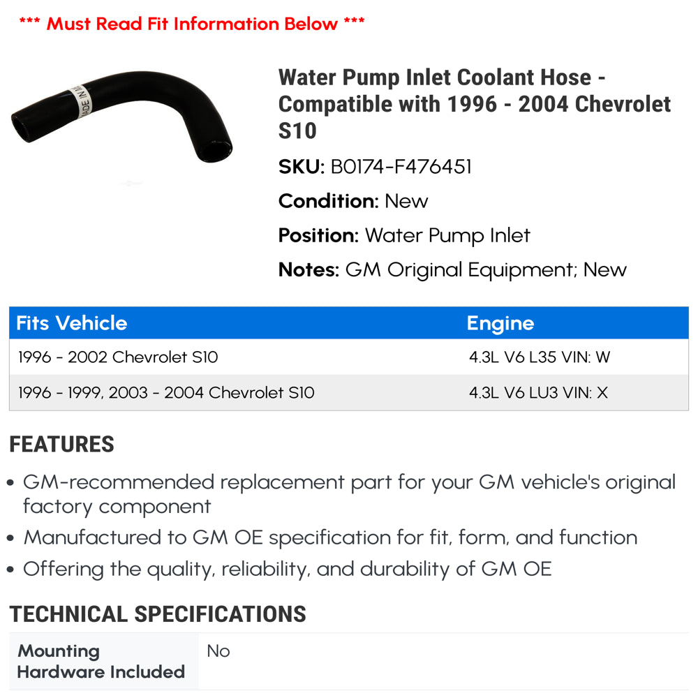 Water Pump Inlet Coolant Hose - Compatible with 1996 - 2004 Chevy S10 1997 1998 1999 2000 2001 2002 2003