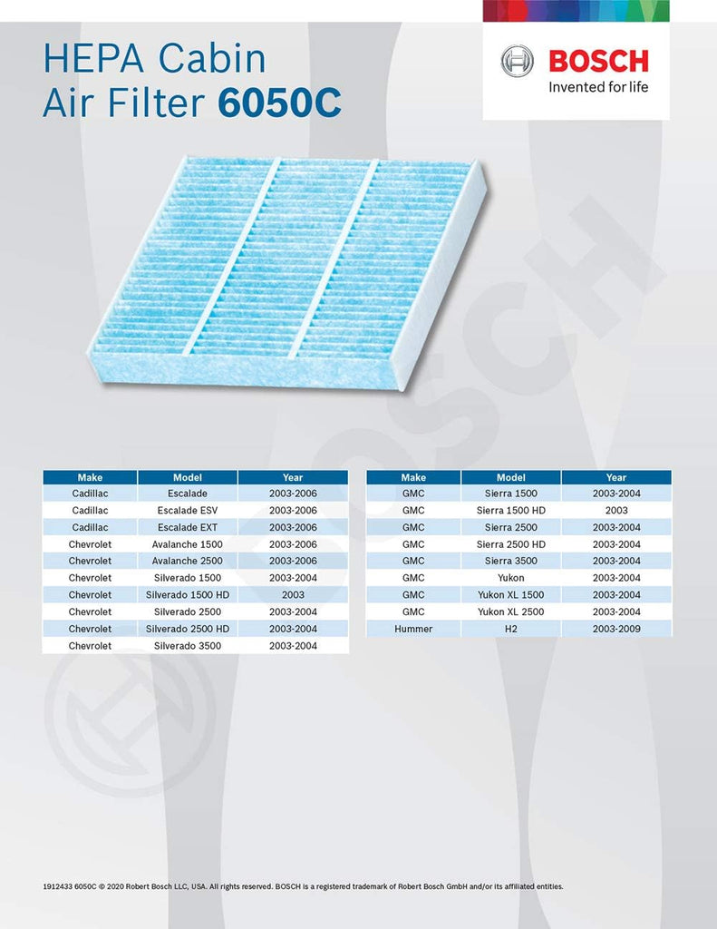 6050C HEPA Cabin Air Filter - Compatible with Select Cadillac Escalade, Escalade ESV, Escalade EXT, Hummer H2