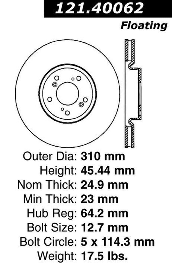 Centric Front Disc Brake Rotor for 04-08 Acura TL (121.40062)