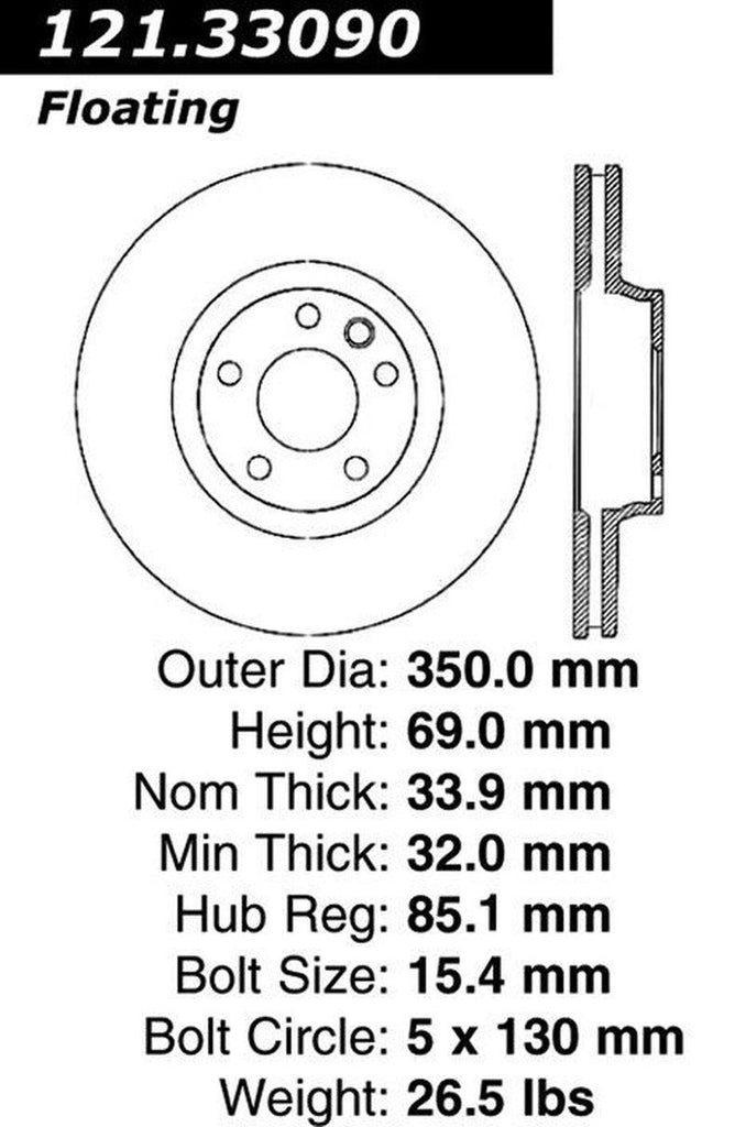 Centric Front Driver Side Disc Brake Rotor for Cayenne, Q7, Touareg (121.33090)