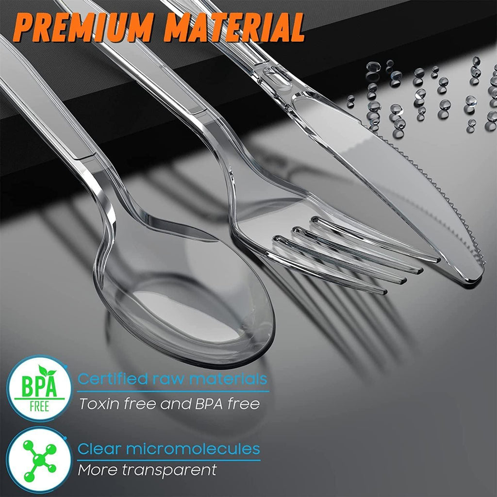 360Pc Party Plastic Silverware, Disposable Cutlery Set, Premium Clear Utencils Combo: 120 Forks, 120 Spoons, 120 Knives, Heavy Duty with Heat Resistant & BPA Free, Solid and Durable Party Supply