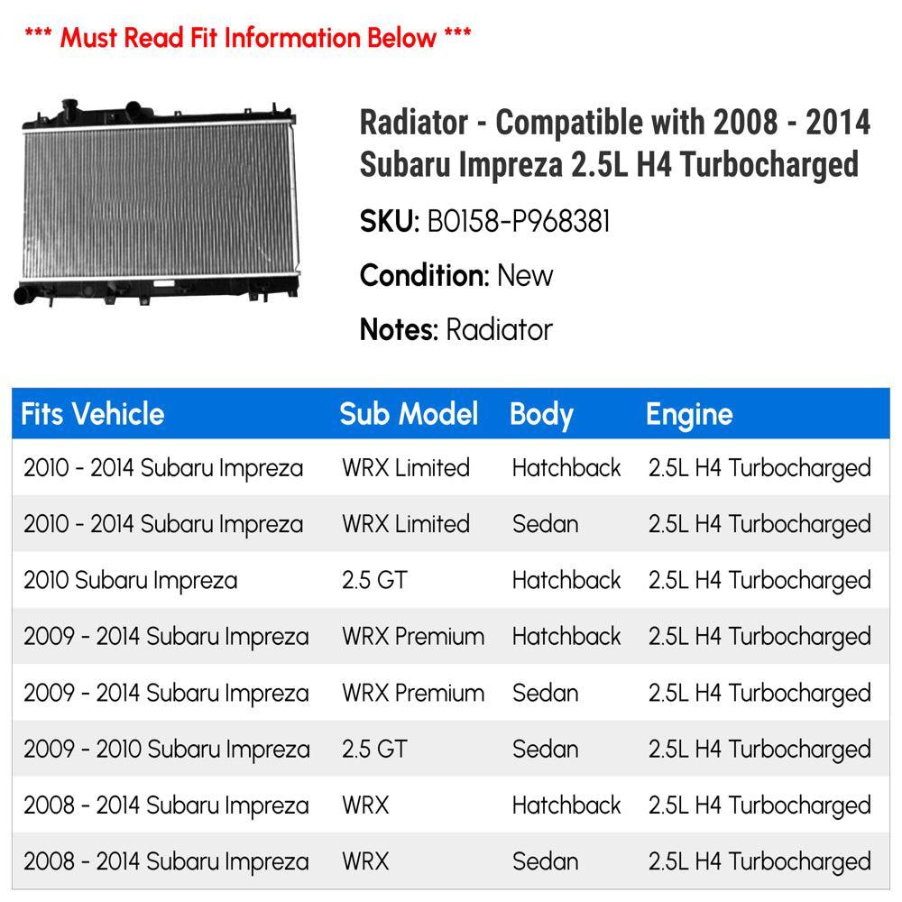 Radiator - Compatible with 2008 - 2014 Subaru Impreza 2.5L H4 Turbocharged 2009 2010 2011 2012 2013