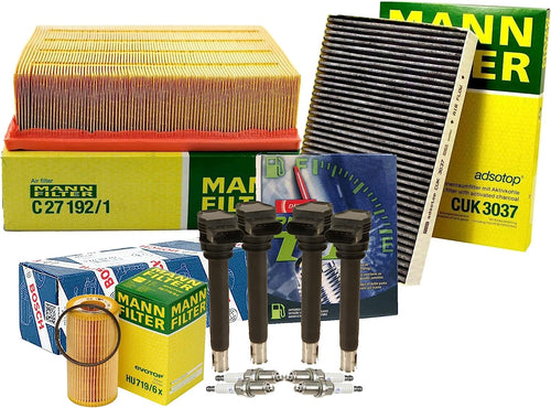 Premium Engine Carbon Cabin Air Oil Filters with 4 COP Ignition Coils & 4 Platinum TT Spark Plugs Tune up Kit