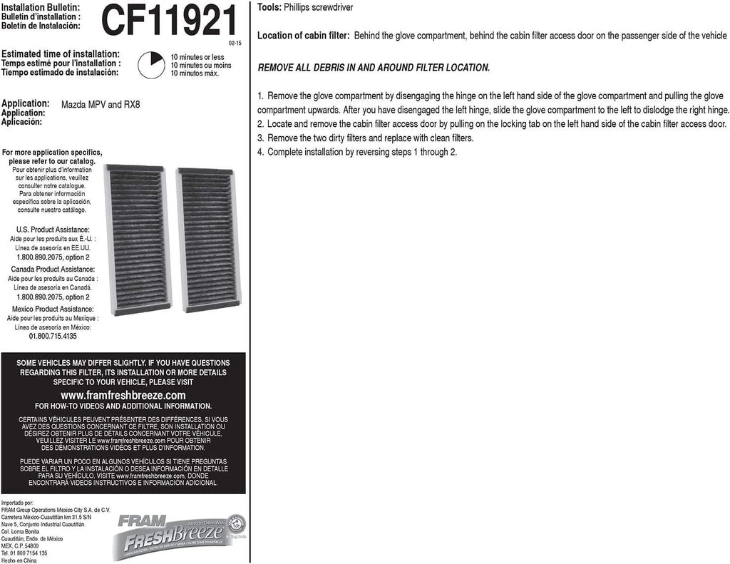 Fresh Breeze Cabin Air Filter Replacement for Car Passenger Compartment W/ Arm and Hammer Baking Soda, Easy Install, CF11921 for Select Mazda Vehicles