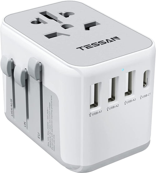 Universal Power Adapter, International Plug Adaptor with 4 USB Ports (1 USB C), Travel Worldwide Essentials Wall Charger for US to Europe Germany France Spain Ireland Australia(Type C/G/A/I)