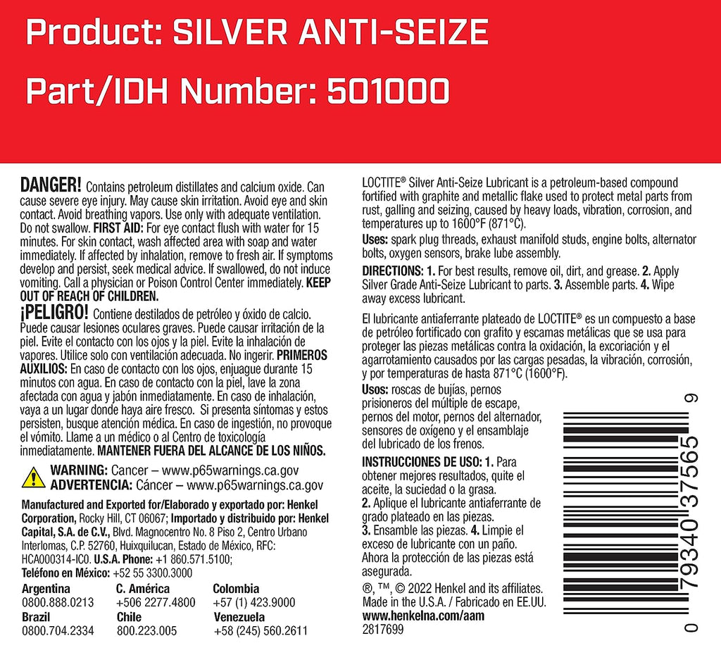 LOCTITE 501000 Silver Anti-Seize Lubricant for Automotive: Heavy-Duty, Temperature Resistant, Petroleum-Based Lubricant Compound | 8 Oz Bottle with Brush Top (PN: 501000)