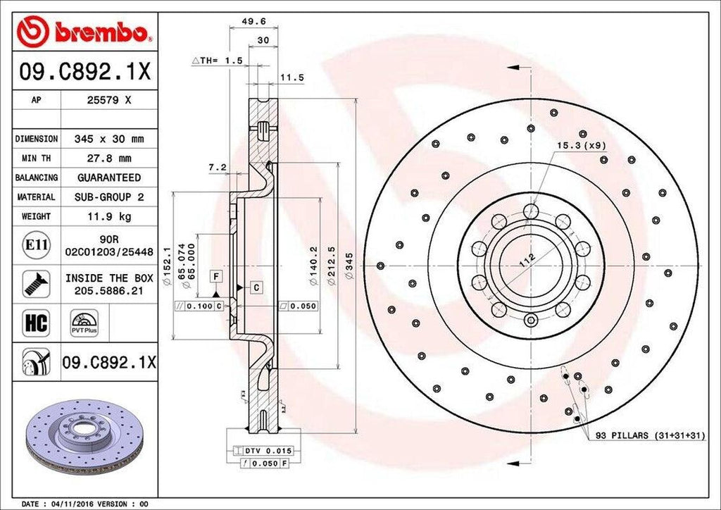 Brembo Front Disc Brake Rotor for Golf R, CC, Passat, R32 (09.C892.1X)