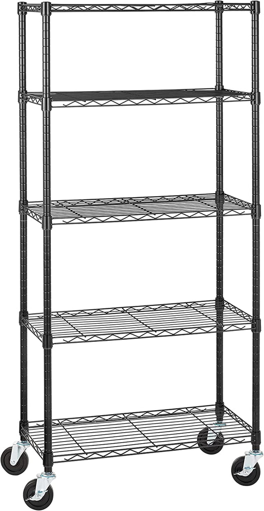 Amazon Basics 5-Shelf Medium Adjustable, Heavy Duty Storage Shelving Unit on 4'' Wheel Casters, Metal Organizer Wire Rack, Black, 30" L X 14" W X 64.75" H