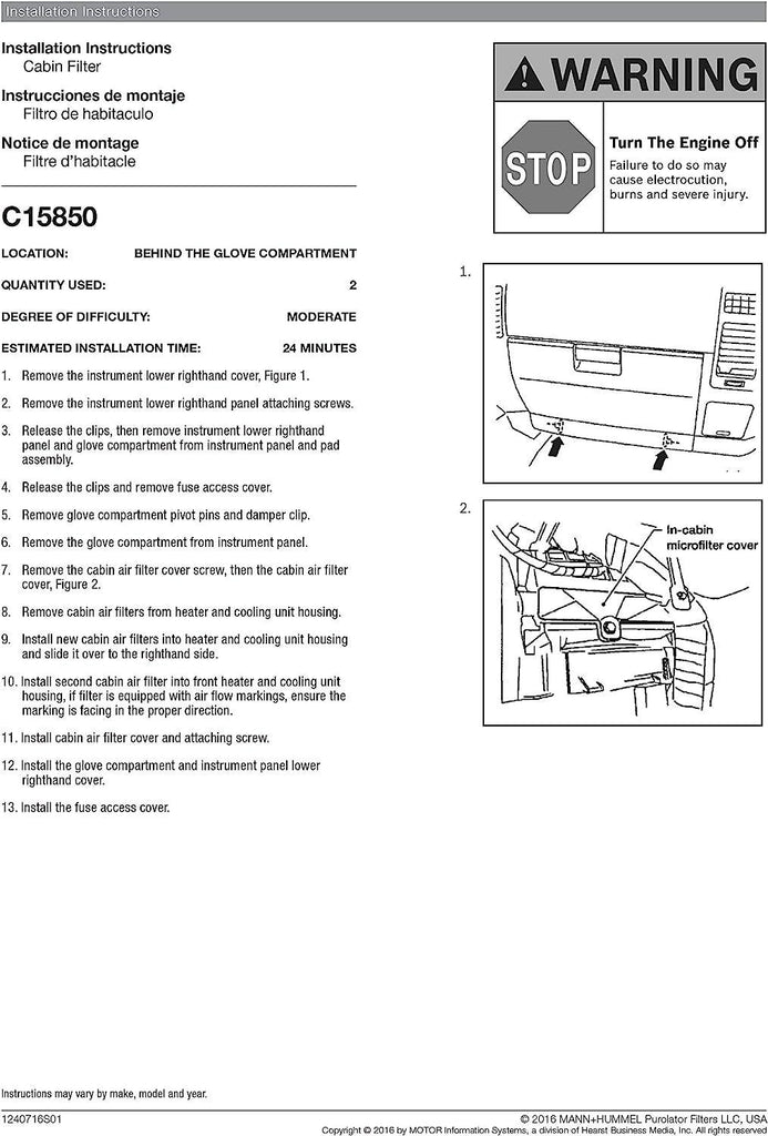 C15850 one Advanced Cabin Air Filter Compatible with Select Nissan and Infiniti