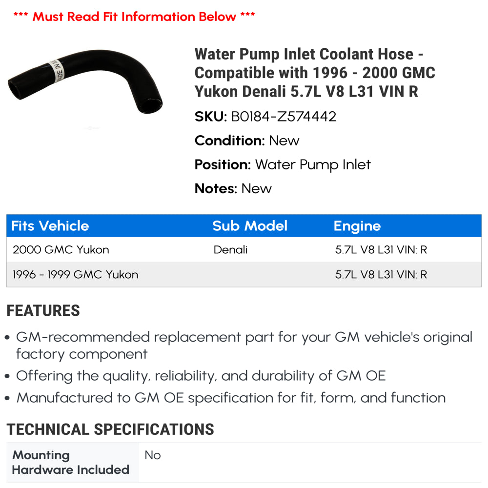 Water Pump Inlet Coolant Hose - Compatible with 1996 - 2000 GMC Yukon Denali 5.7L V8 L31 VIN R 1997 1998 1999