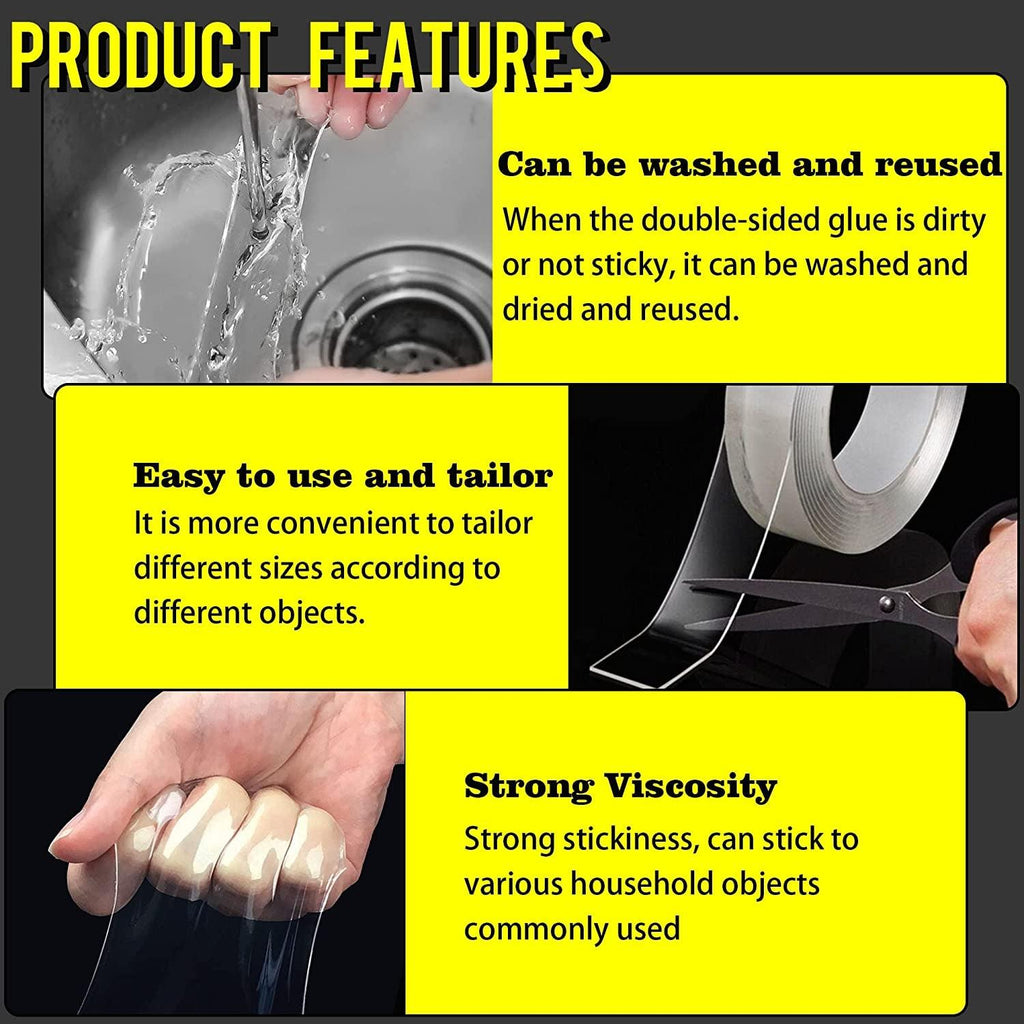 Rvhouse Double Sided Tape 2 Pack Clear Mounting Tape Nano Removable Tough Sticky Adhesive for Carpet Picture Poster Office Home RV Decoration