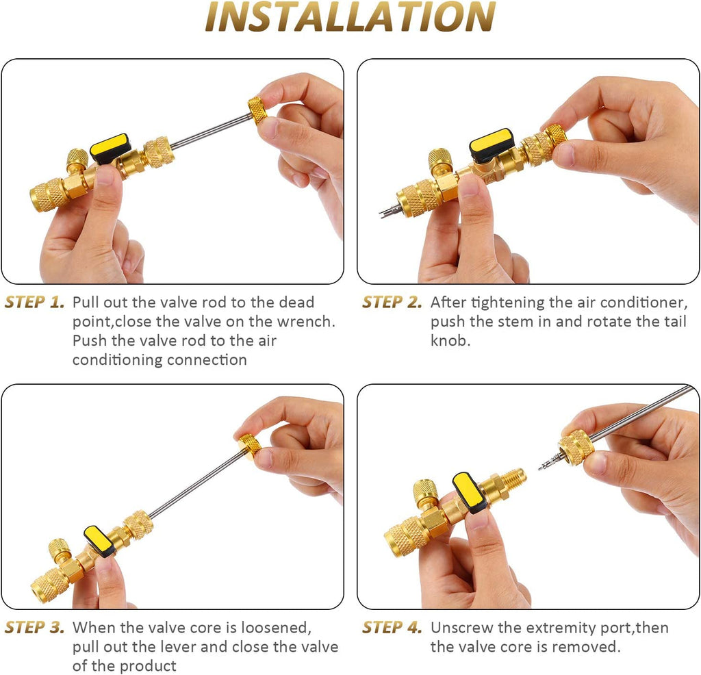 Mudder R22 R134A R12 A/C HVAC Valve Core Removal Tool Compatible with Dual Size 1/4 & 5/16 Port, R410 R32 Brass Adapter, 20 Pcs Cores and 10 Pcs Brass Nut HVAC Valve Core Removal Installer Tool Kit