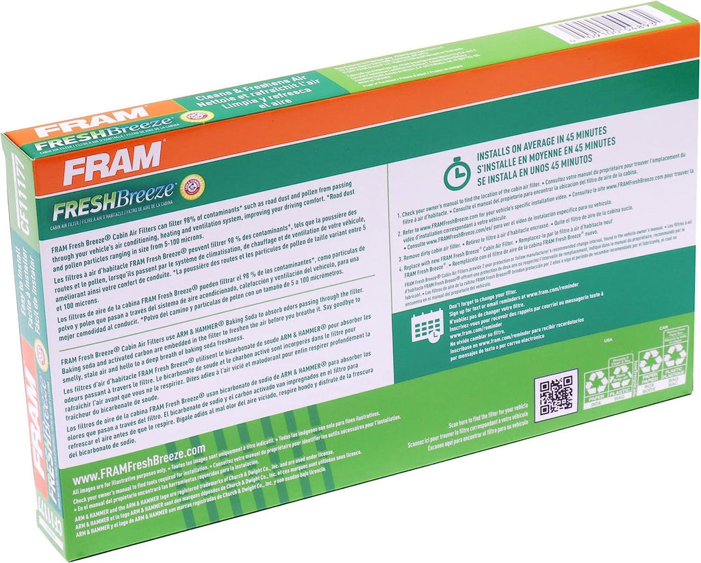 Fresh Breeze Cabin Air Filter Replacement for Car Passenger Compartment W/ Arm and Hammer Baking Soda, Easy Install, CF11177 for Select Nissan Vehicles , White