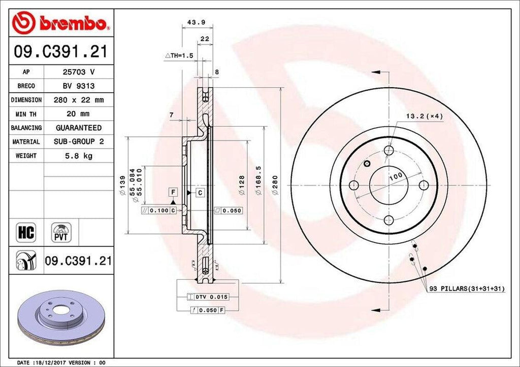 Brembo Front Disc Brake Rotor for 16-21 MX-5 Miata (09.C391.21)
