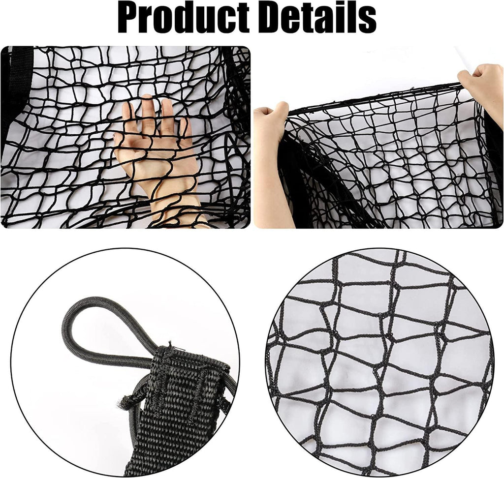Amiss Heavy Duty Mesh Cargo Net, 3 Pocket Trunk Bed Storage Organizer Compatible for SUV, Car, Pickup Truck Bed, Etc.With 4 Metal Hooks (11.8×11.8×47.3 Inch), Black