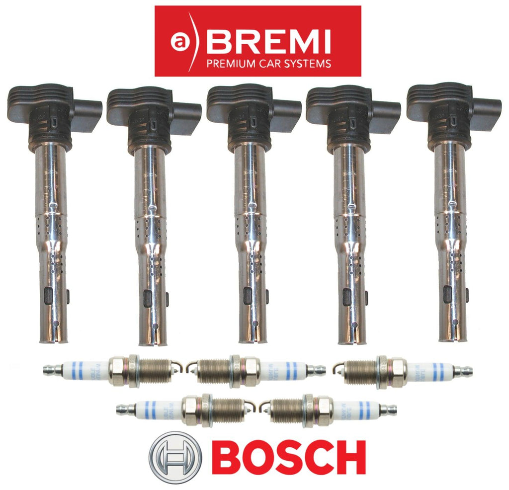 Ignition Coil Bremi & Spark Plug Double Platinum OEM Bosch (5Sets) for Audi VW