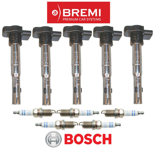 Ignition Coil Bremi & Spark Plug Double Platinum OEM Bosch (5Sets) for Audi VW