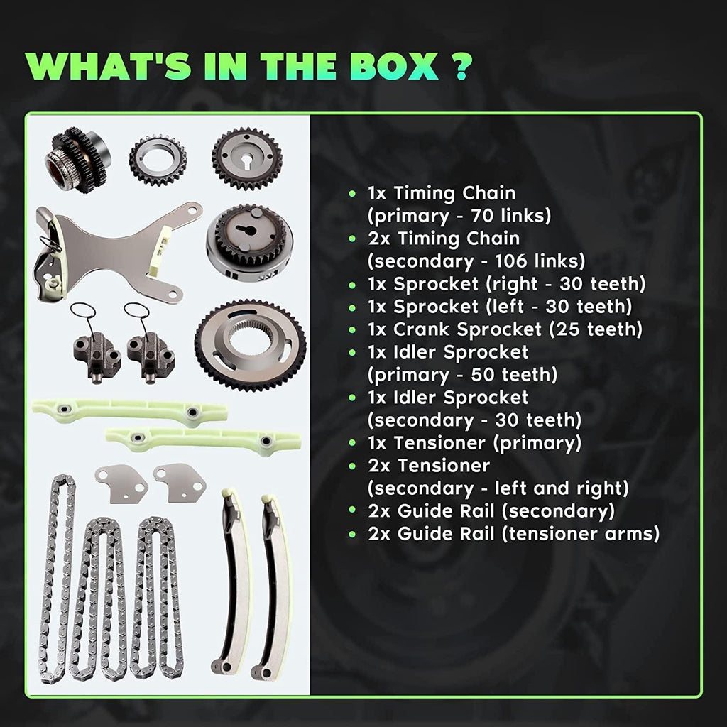 TKMI047L Timing Chain Kit Tensioner Guide Rail Sprocket Crank Sprocket Idler Sprocket Fits for Jeep COMMANDER Mitsubishi RAIDER Dodge Ram 1500 4.7L SOHC VIN P N NGC Design
