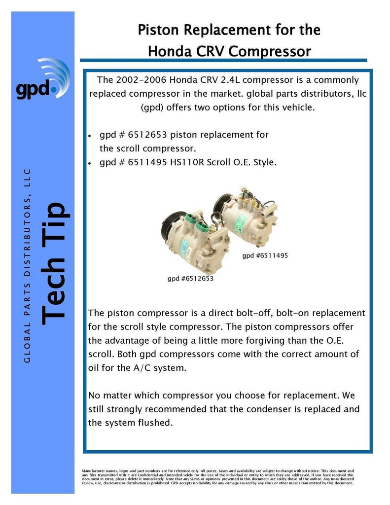 Global Parts A/C Compressor for 02-06 CR-V 6512653