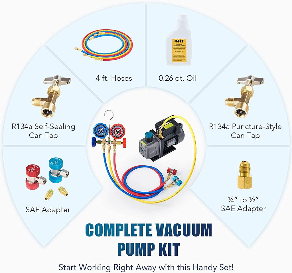 AC Gauges and Vacuum Pump, 3.5Cfm AC Vacuum Pump and Gauge Set for R134A R12 R22 R502, 3 Way AC Gauges with 3.5Cfm Vacuum Pump, with R134A Puncture and Self Sealing Can Taps, Adjustable Couplers