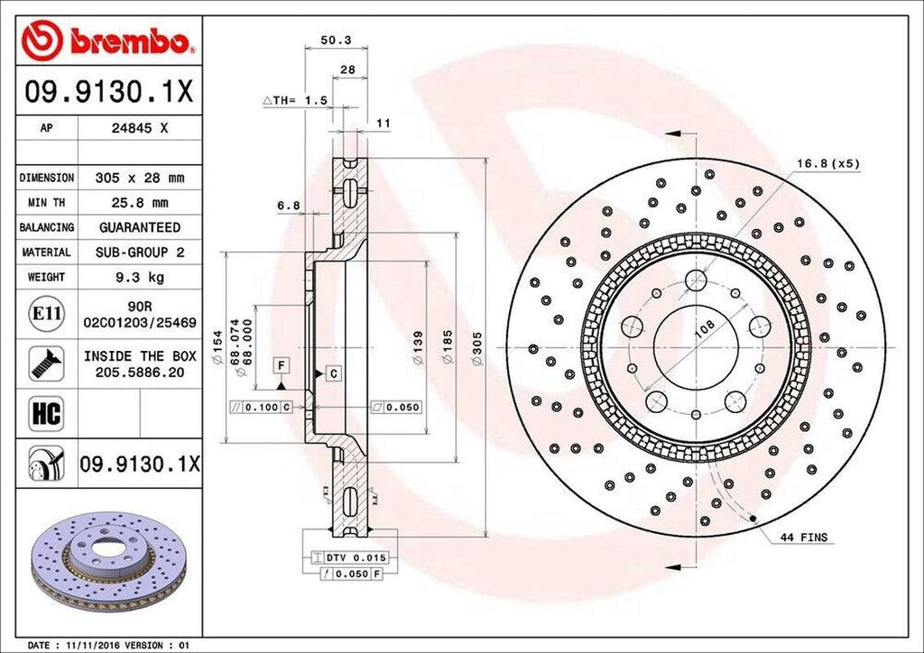 Brembo Front Disc Brake Rotor for S60, V70, S80 (09.9130.1X)