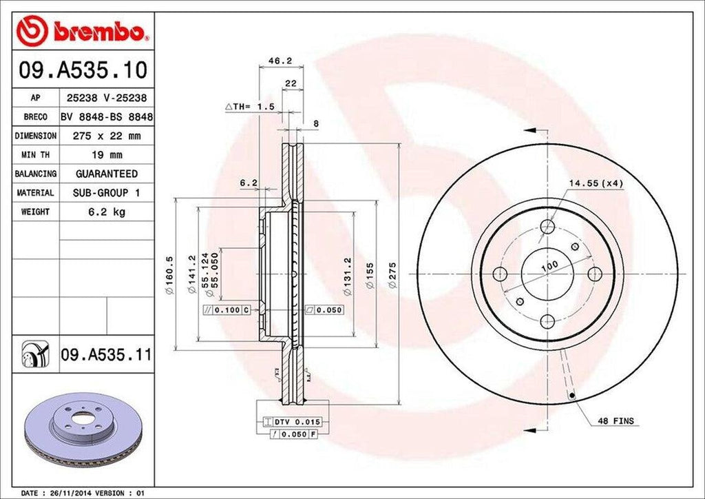 Brembo Front Disc Brake Rotor for 12-18 Toyota Yaris (09.A535.11)