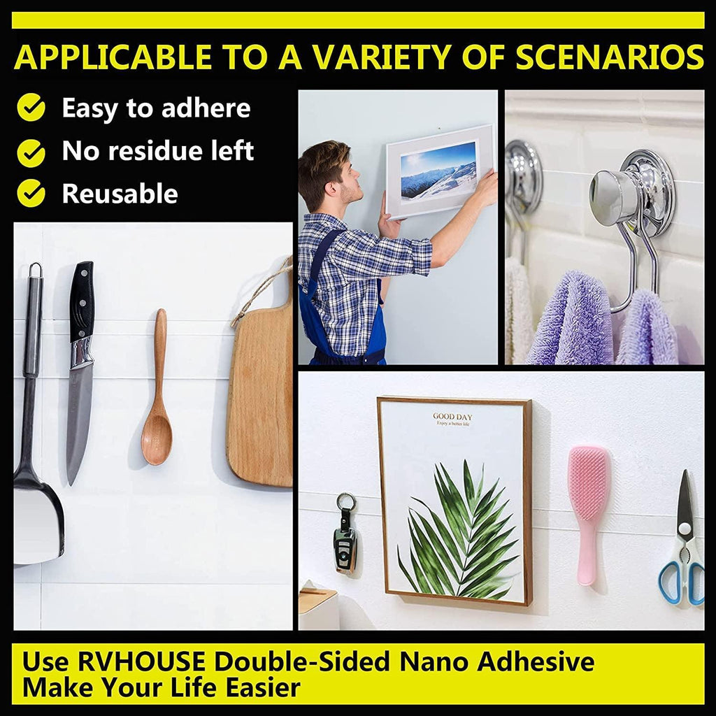 Rvhouse Double Sided Tape 2 Pack 1.18" Medium Roll Clear Mounting Tape Nano Removable Tough Sticky Adhesive for Carpet Picture Poster Office Home RV Decoration