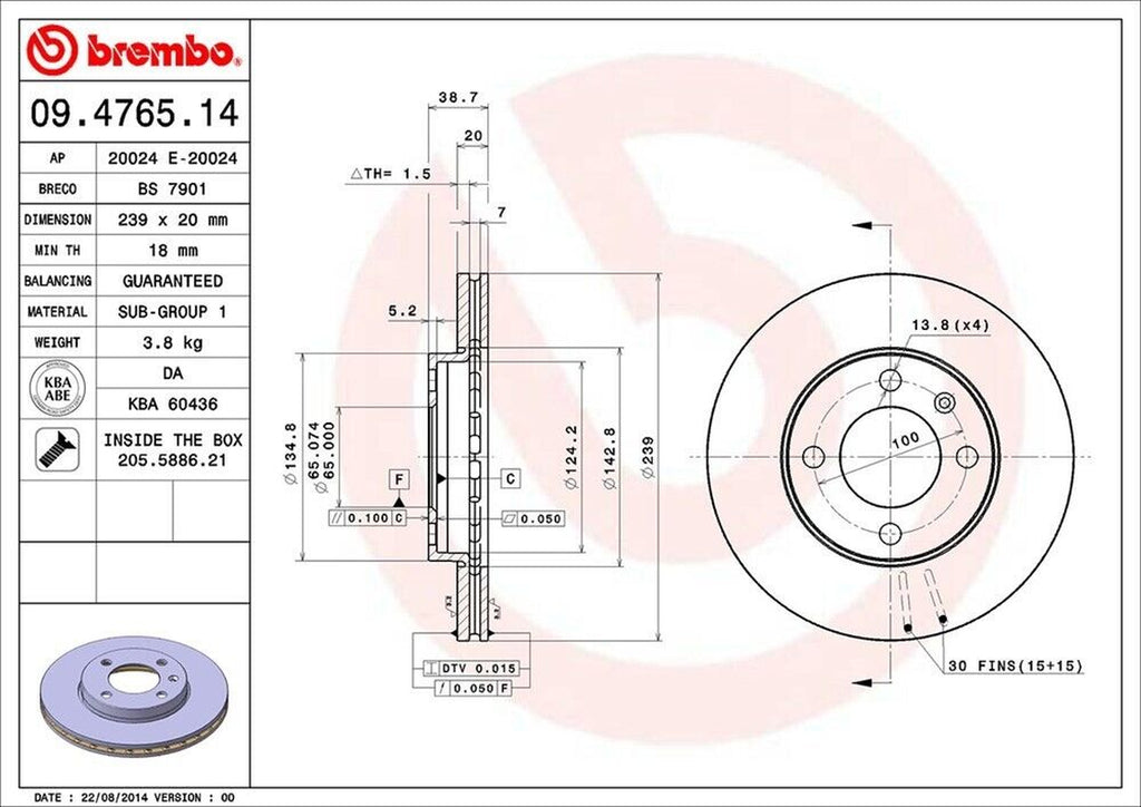 Front Disc Brake Rotor for Cabriolet, Golf, Jetta, 4000, Coupe+More (09.4765.14)