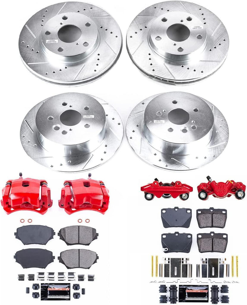 Front and Rear KC2842 Z23 Daily Driver Brake Pad and Rotor Kit with Red Powder Coated Calipers