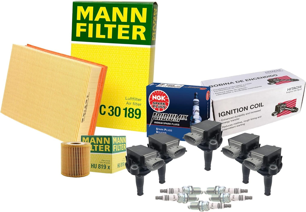 Mann Engine Oil Air Filters with 5 Hitachi COP Ignition Coils and 5 NGK Iridium IX Spark Plugs Tune up Kit for Volvo S60 S80 2.4 2.5 L5 B5244S6 B5254T2 B5244S