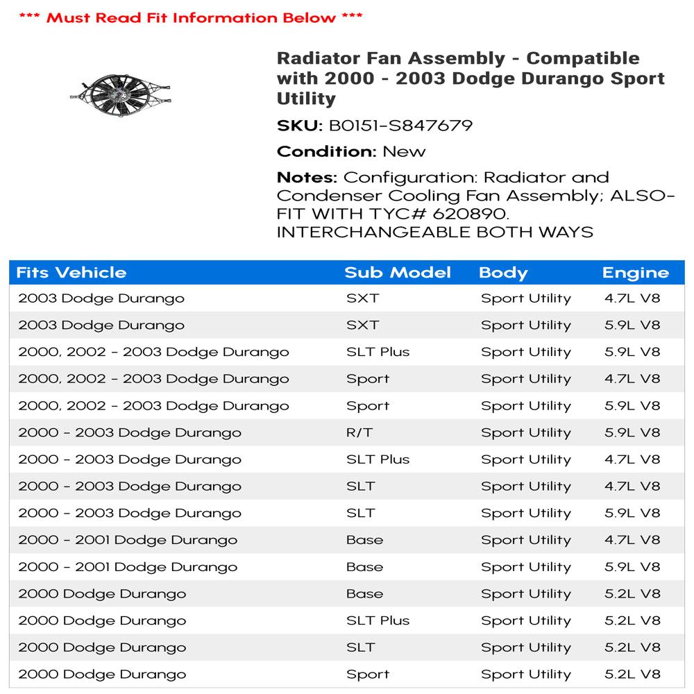 Radiator Fan Assembly - Compatible with 2000 - 2003 Dodge Durango Sport Utility 2001 2002