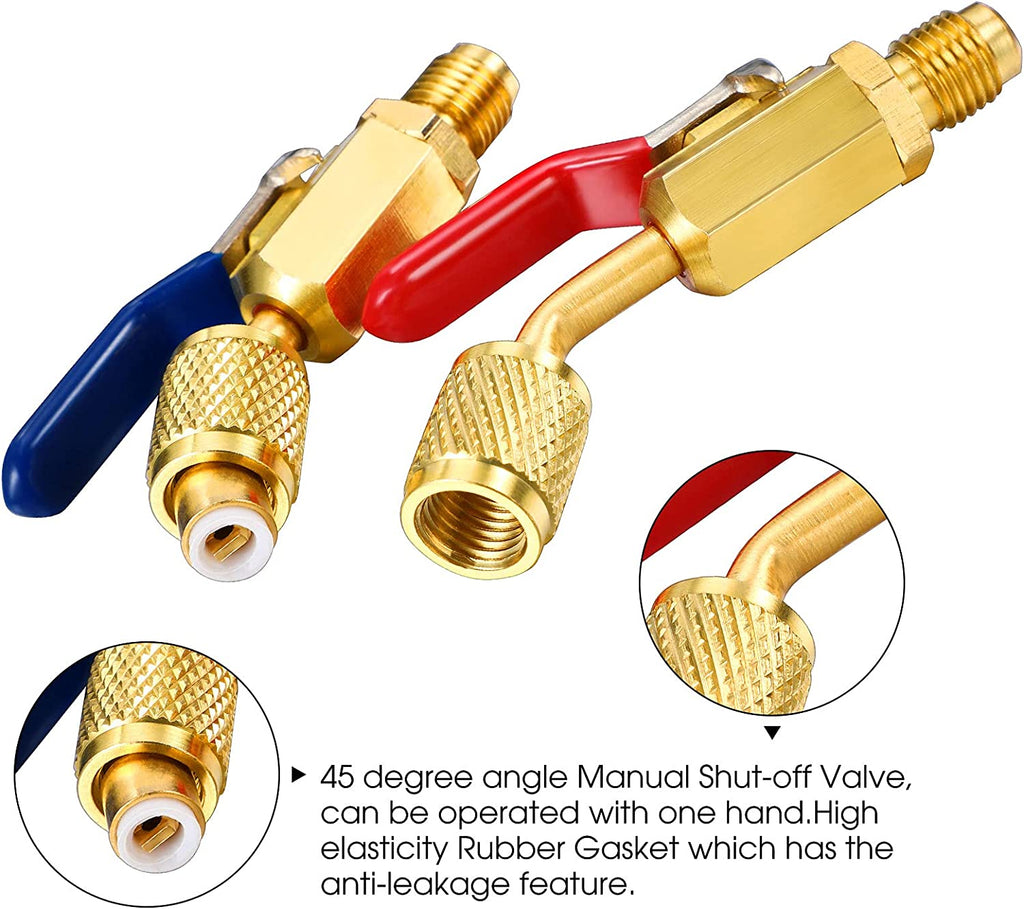 R410A Valve Core Remover Kits 7 Air Conditioning Refrigerant Angled Compact Ball Valve Compatible with SAE 1/ 4 and 5/ 16 Port R410 R32 Brass Adapter 20 Valve Cores 10 Brass Nut 270 Sealing Washer