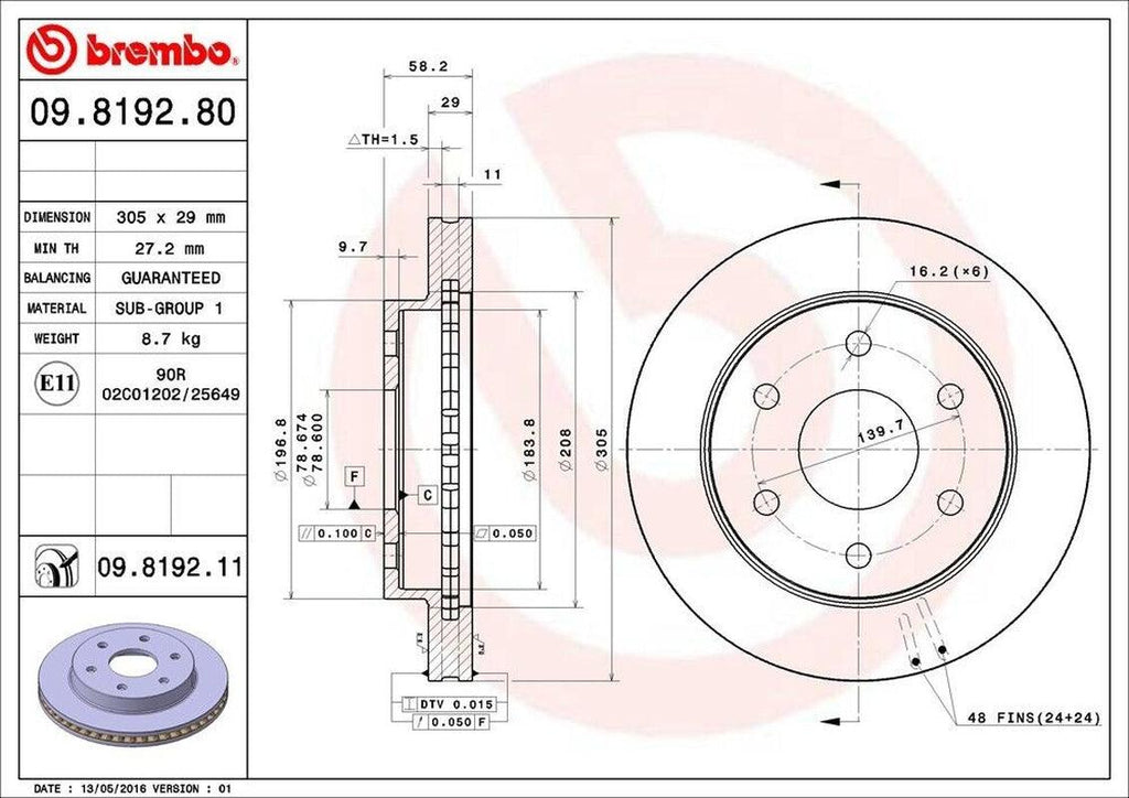 Front Disc Brake Rotor for Express 1500, Savana 1500+More (09.8192.81)