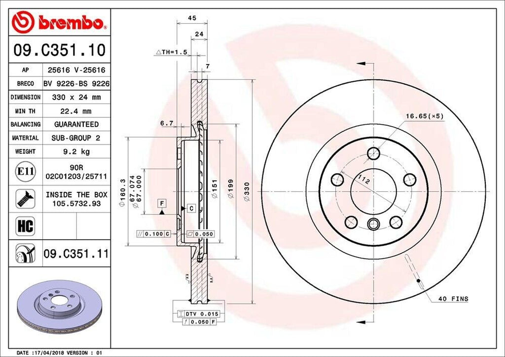 Brembo Front Disc Brake Rotor for X1, X2, Cooper Countryman (09.C351.11)