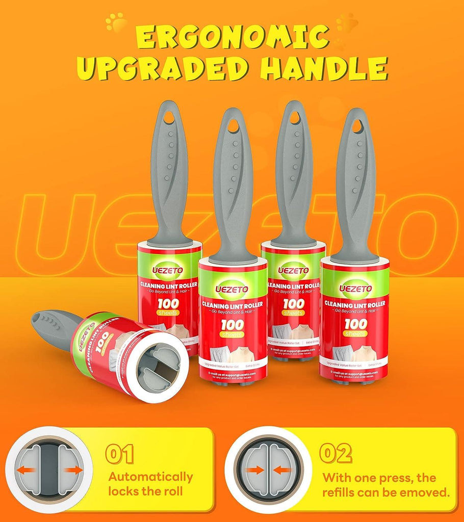 UEZETO Extra Sticky Lint Rollers for Pet Hair, 300 Sheets Upgraded Value Set Lint Roller with 3 Durable Handles and 3 Rollers, Portable Pet Lint Remover for Clothes, Furniture, Carpet, Dog & Cat Hair